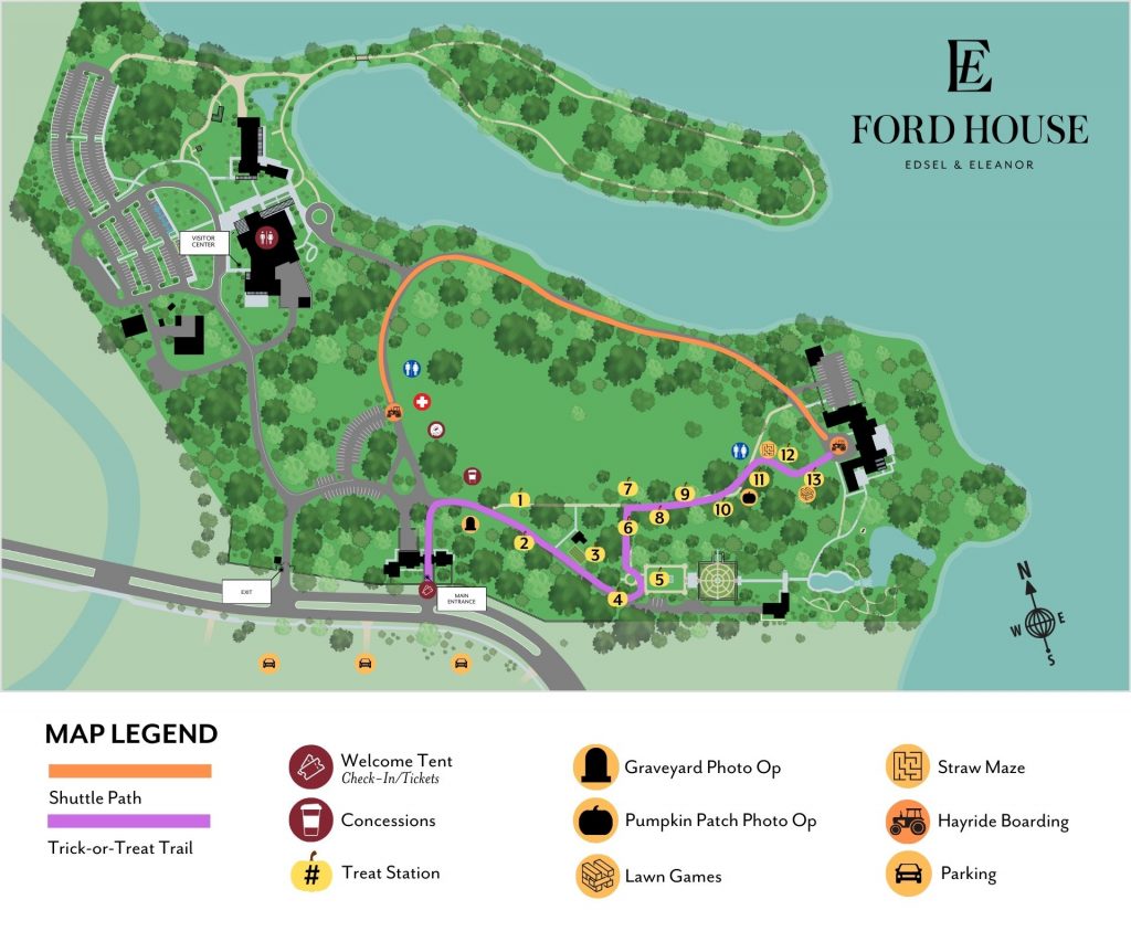 A map of Little Goblins showing the Trick-or-Treat trail from the Playhouse to the Main Residence.