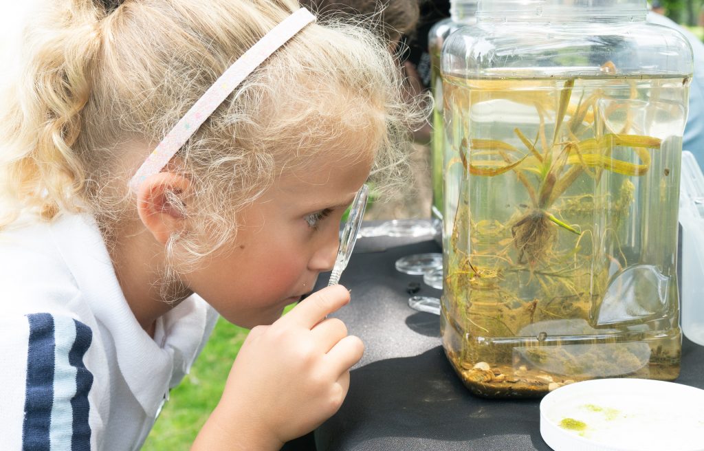 A girl uses a magnifying glass to look at water inhabitants in a jar.