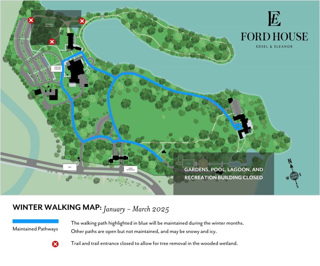 Map of Ford House's estate indicating open and closed walking paths for the winter.